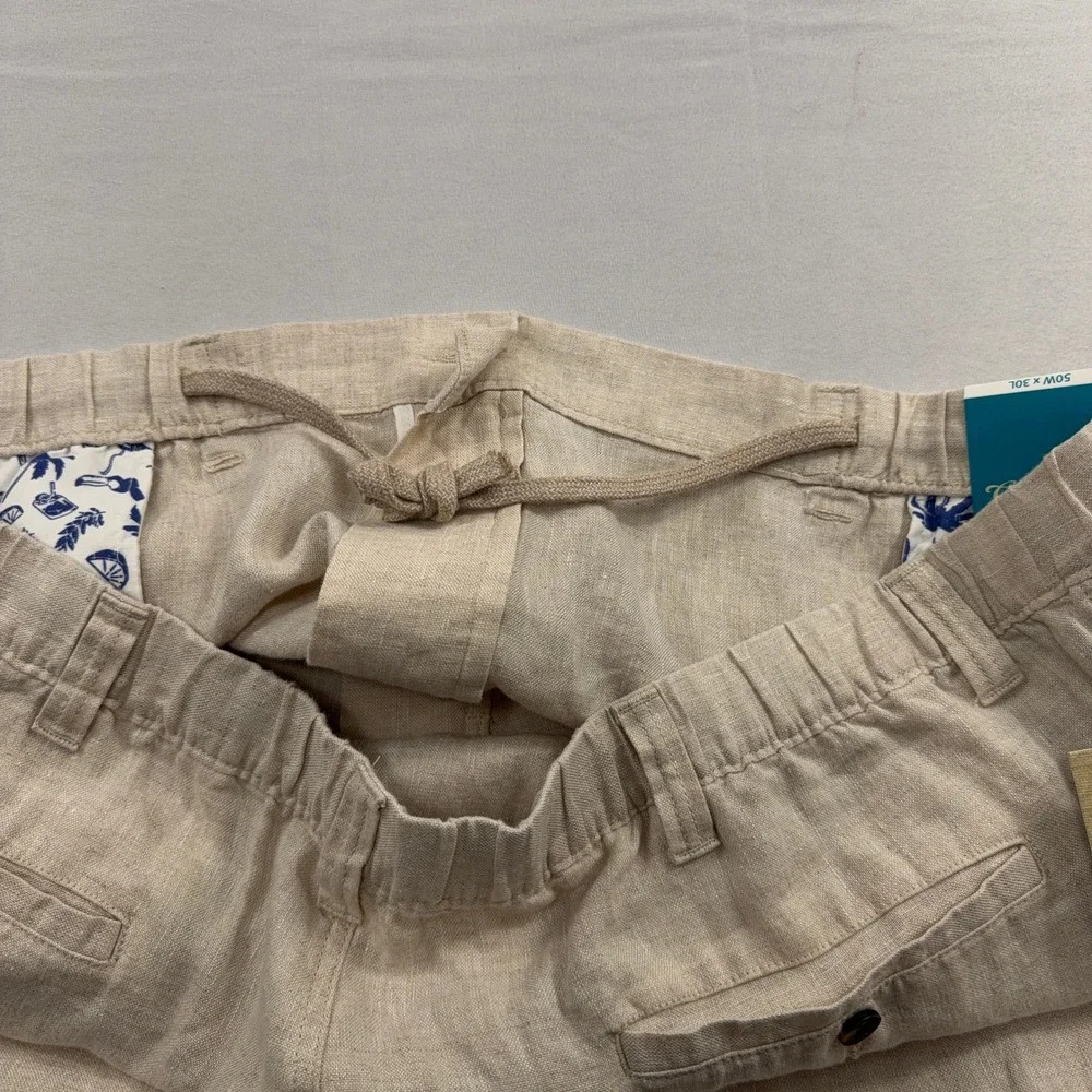 Caribbean Cargo Pants 100% Linen Elastic Waist Natural Mens 50x30 NWT